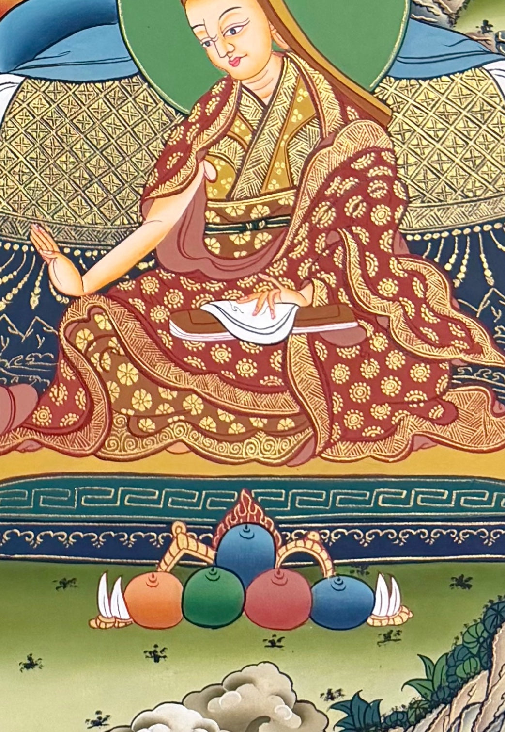 Tsongkhapa thangka, detail: bottom-right corner