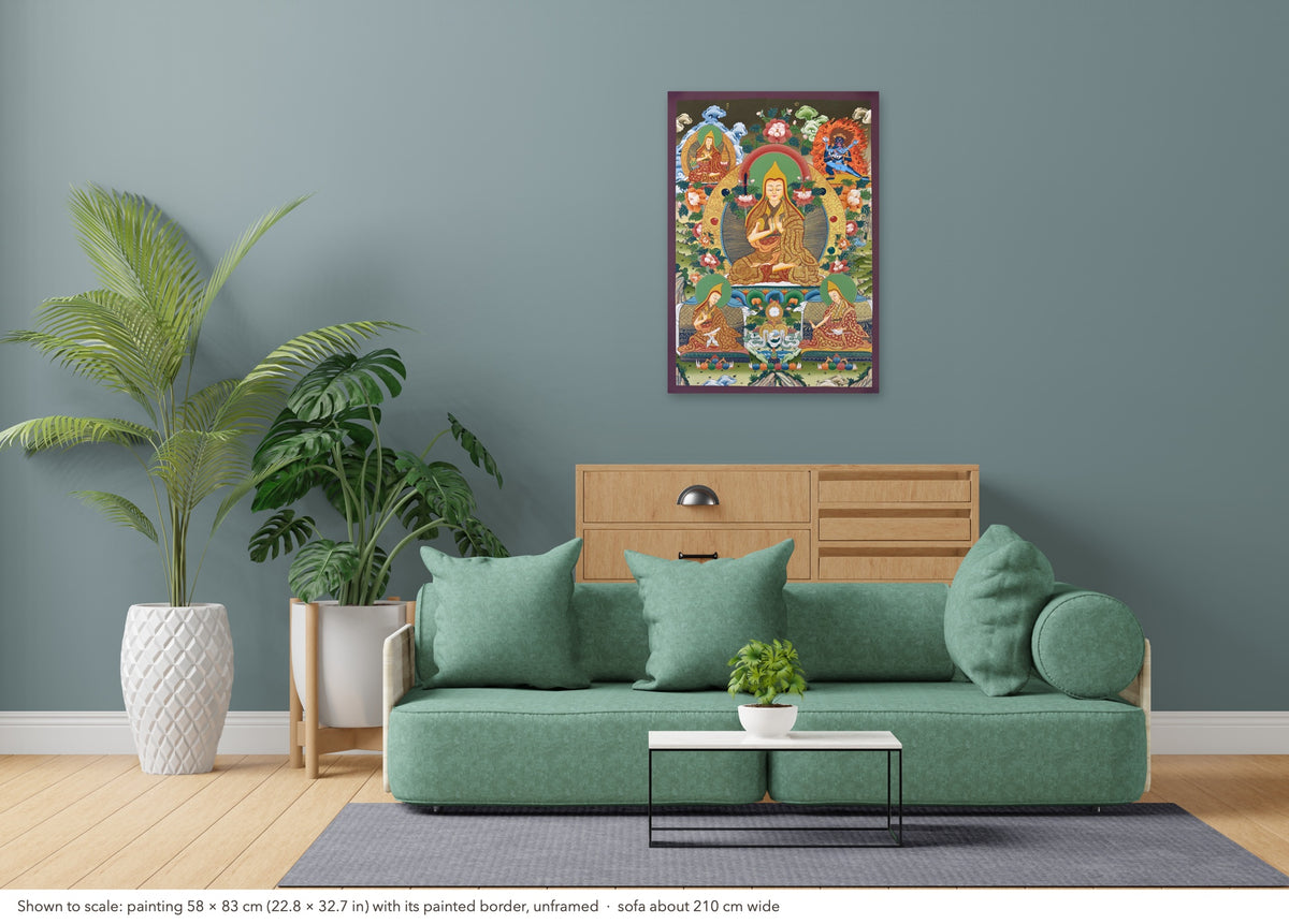Tsongkhapa thangka shown to scale in a living room, unframed, above a sofa about 210 cm wide (58×83 cm)