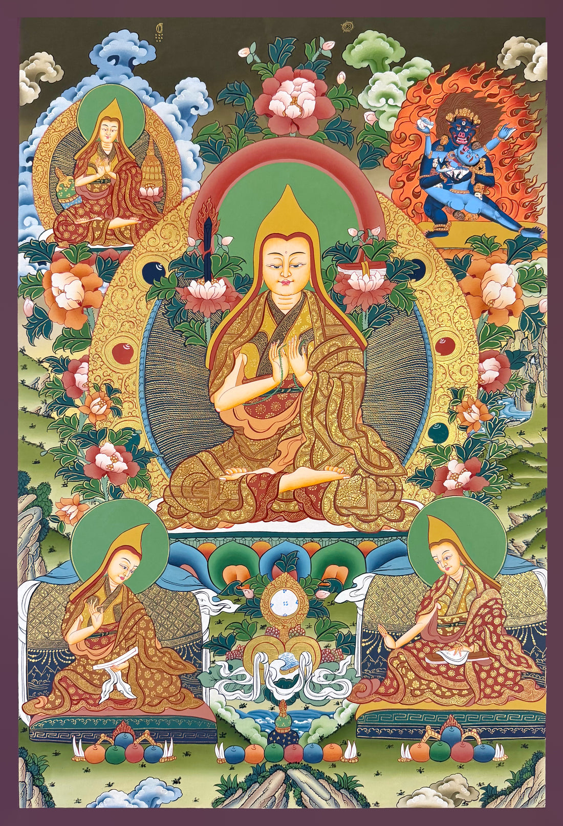 Tsongkhapa thangka, 58×83 cm: Tsongkhapa with his two main disciples, a teacher and a protector