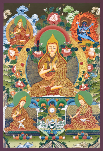 Tsongkhapa thangka, 58×83 cm: Tsongkhapa with his two main disciples, a teacher and a protector