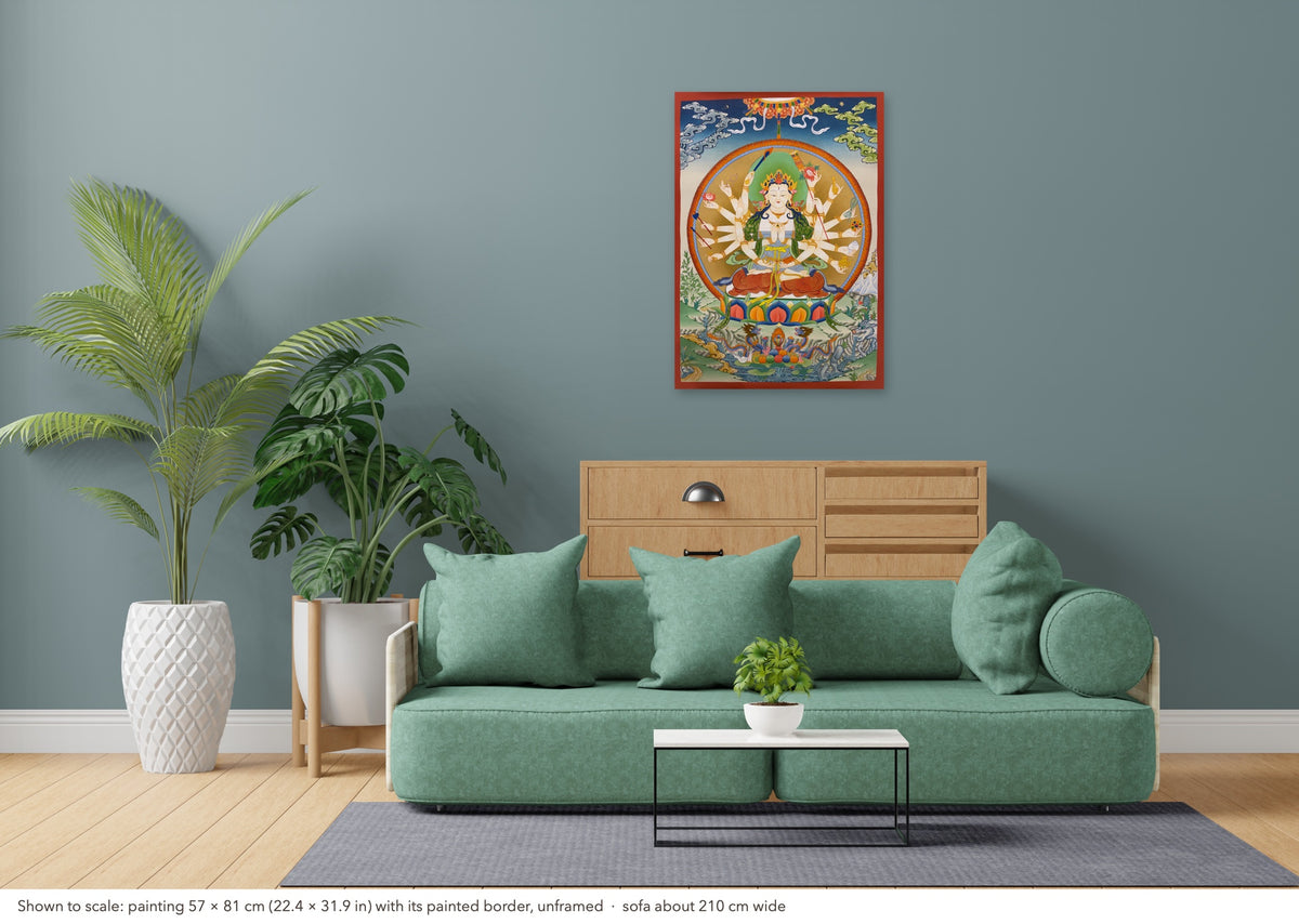 Chundi thangka shown to scale in a living room, unframed, above a sofa about 210 cm wide (57×81 cm)