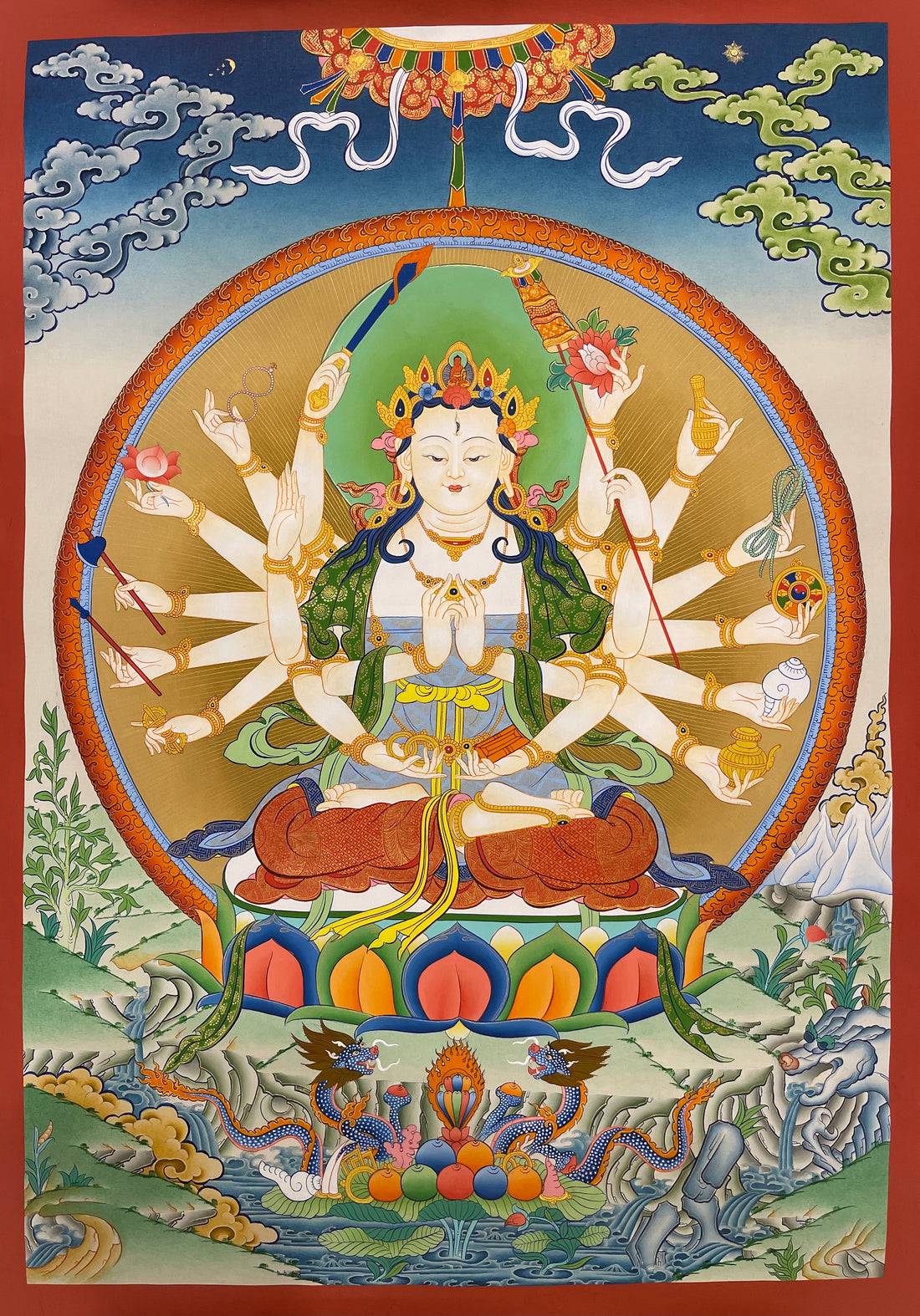 Chundi thangka, 57×81 cm: many-armed Chundi seated on a lotus with two dragons and an offering of jewels below