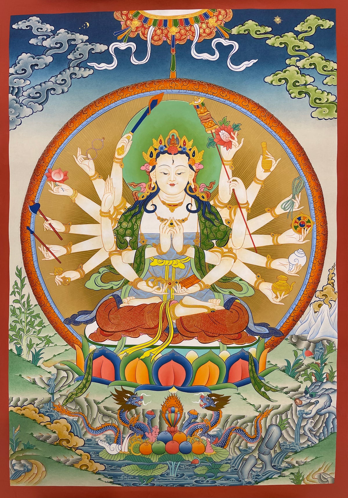Chundi thangka, 57×81 cm: many-armed Chundi seated on a lotus with two dragons and an offering of jewels below