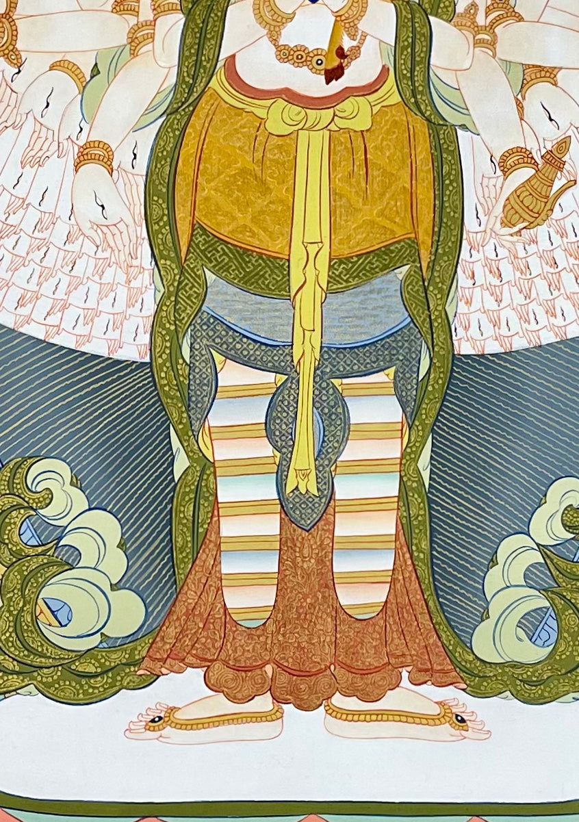 Lokeshwor thangka, 59×83 cm: thousand-armed Lokeshwor standing on a lotus, with Manjushri and Vajrapani in a green landscape