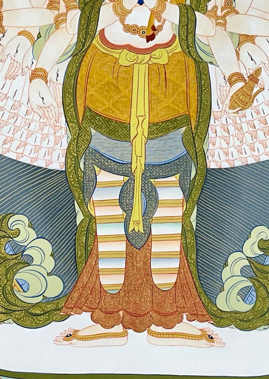 Lokeshwor thangka, 59×83 cm: thousand-armed Lokeshwor standing on a lotus, with Manjushri and Vajrapani in a green landscape