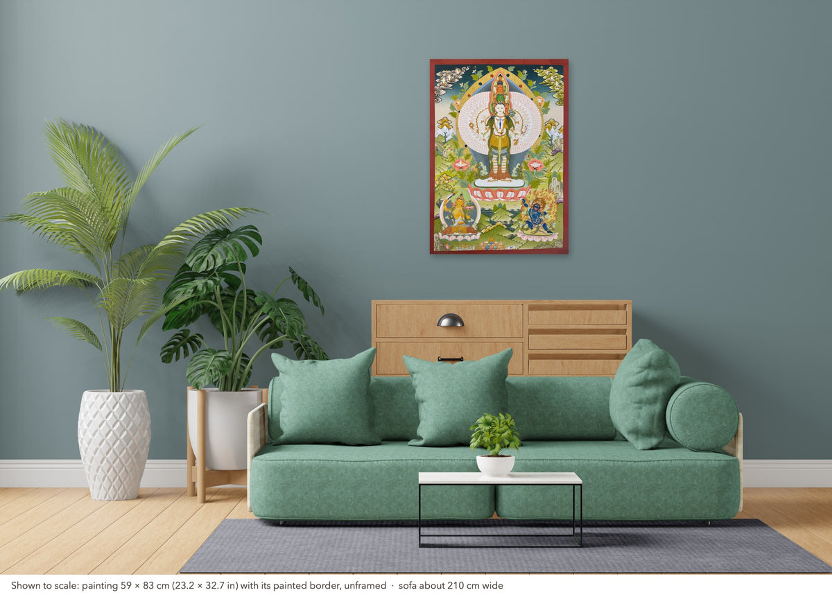 Lokeshwor thangka shown to scale in a living room, unframed, above a sofa about 210 cm wide (59×83 cm)