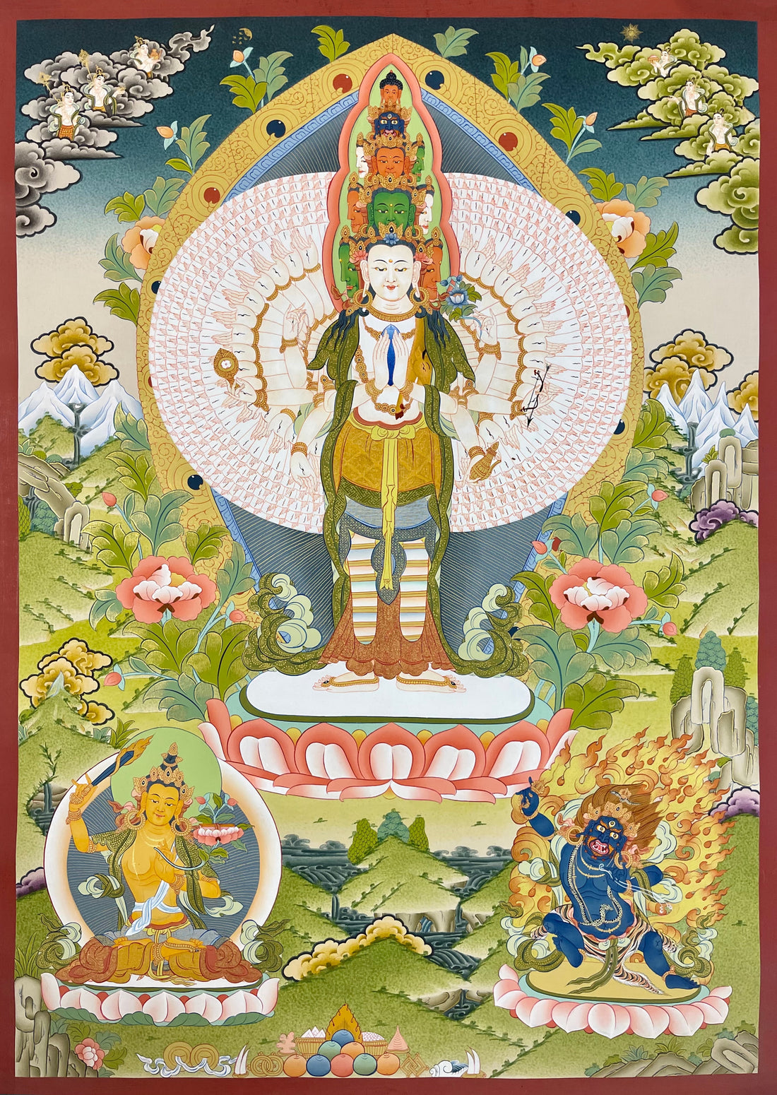 Lokeshwor thangka, 59×83 cm: thousand-armed Lokeshwor standing on a lotus, with Manjushri and Vajrapani in a green landscape