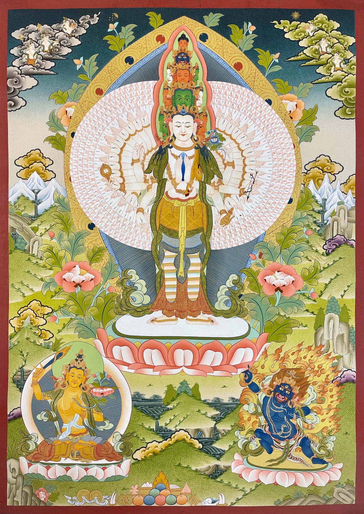 Lokeshwor thangka, 59×83 cm: thousand-armed Lokeshwor standing on a lotus, with Manjushri and Vajrapani in a green landscape