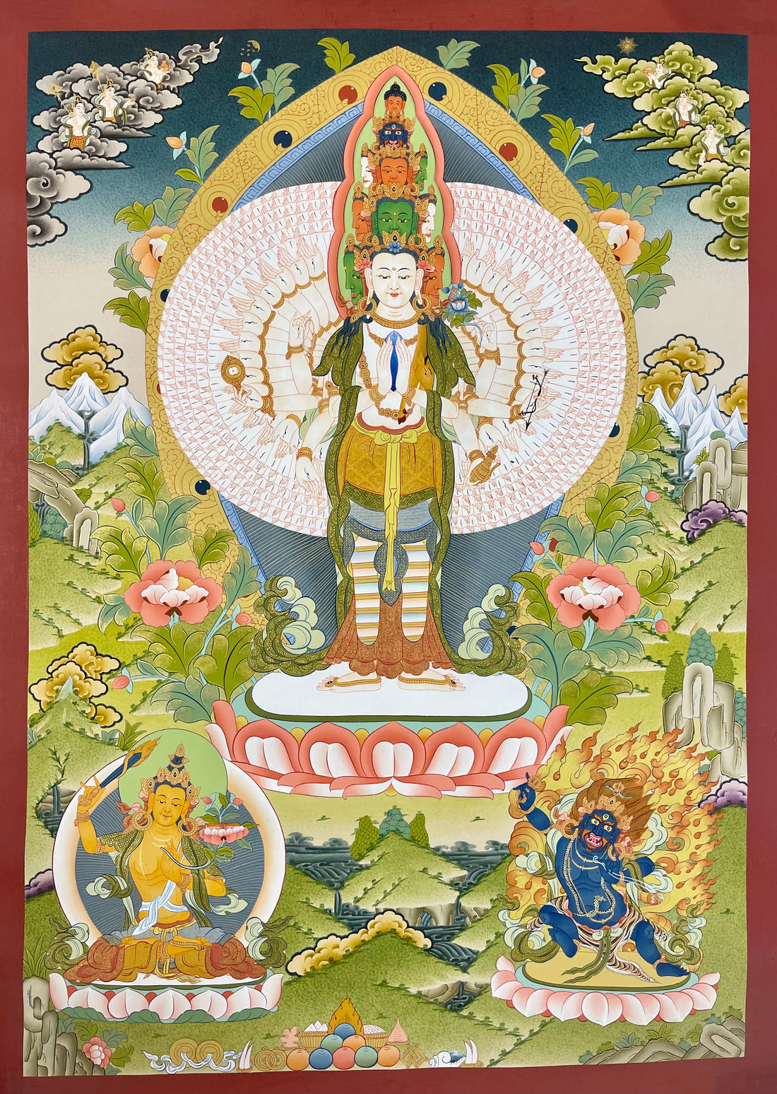 Lokeshwor thangka, 59×83 cm: thousand-armed Lokeshwor standing on a lotus, with Manjushri and Vajrapani in a green landscape