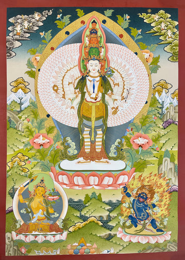 Lokeshwor thangka, 59×83 cm: thousand-armed Lokeshwor standing on a lotus, with Manjushri and Vajrapani in a green landscape
