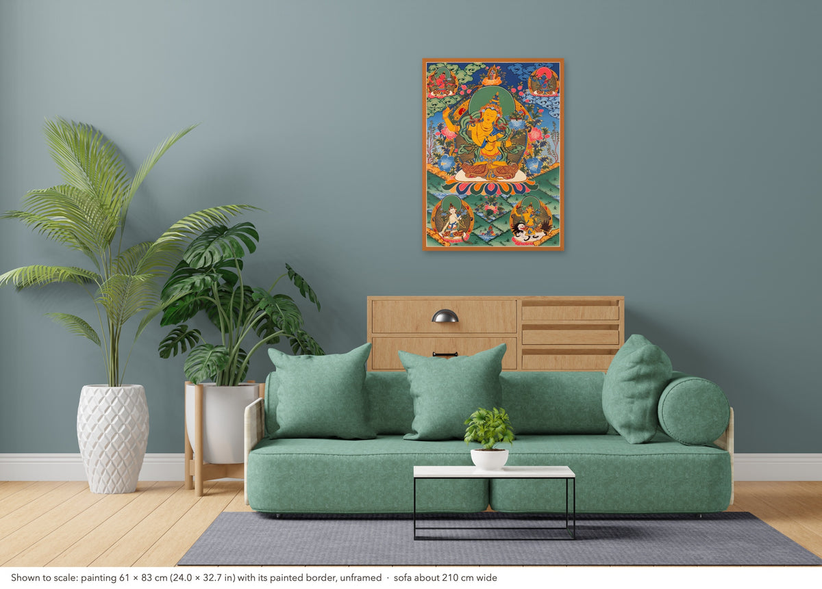 Five Manjushri thangka shown to scale in a living room, unframed, above a sofa about 210 cm wide (61×83 cm)