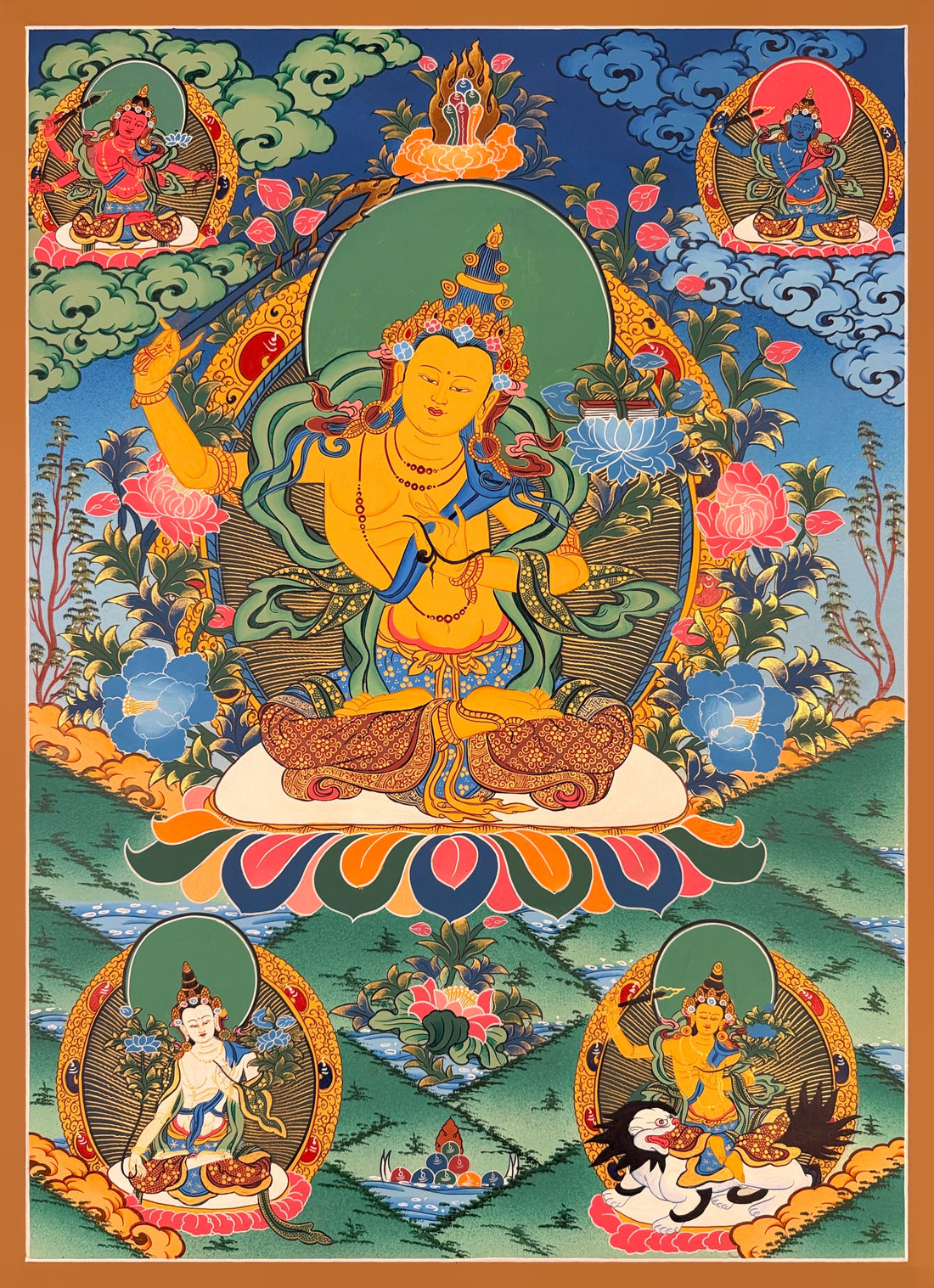 Five Manjushri thangka, 61×83 cm: golden Manjushri with four more forms of Manjushri, one riding a white snow lion