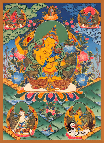 Five Manjushri thangka, 61×83 cm: golden Manjushri with four more forms of Manjushri, one riding a white snow lion
