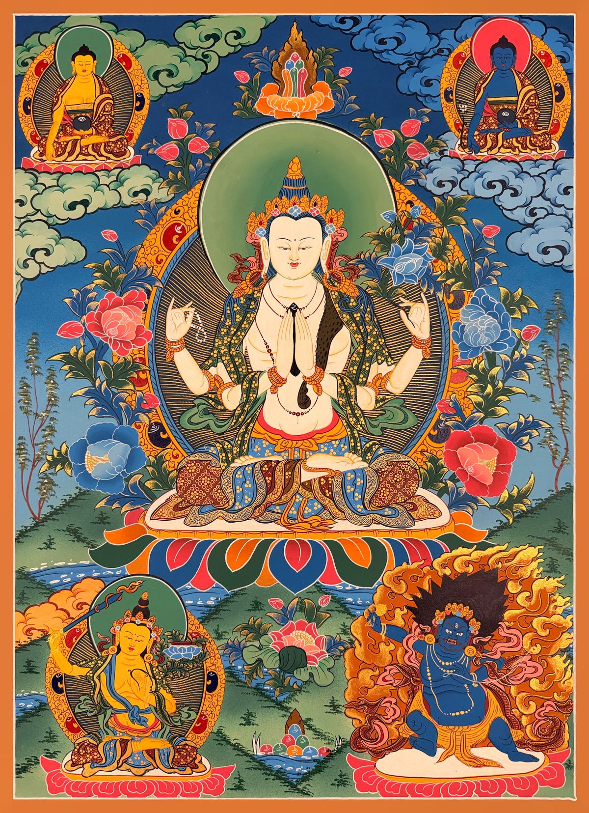 Chenrezig thangka, 62×83 cm: four-armed Chenrezig with Shakyamuni and the Medicine Buddha above and Manjushri and Vajrapani below