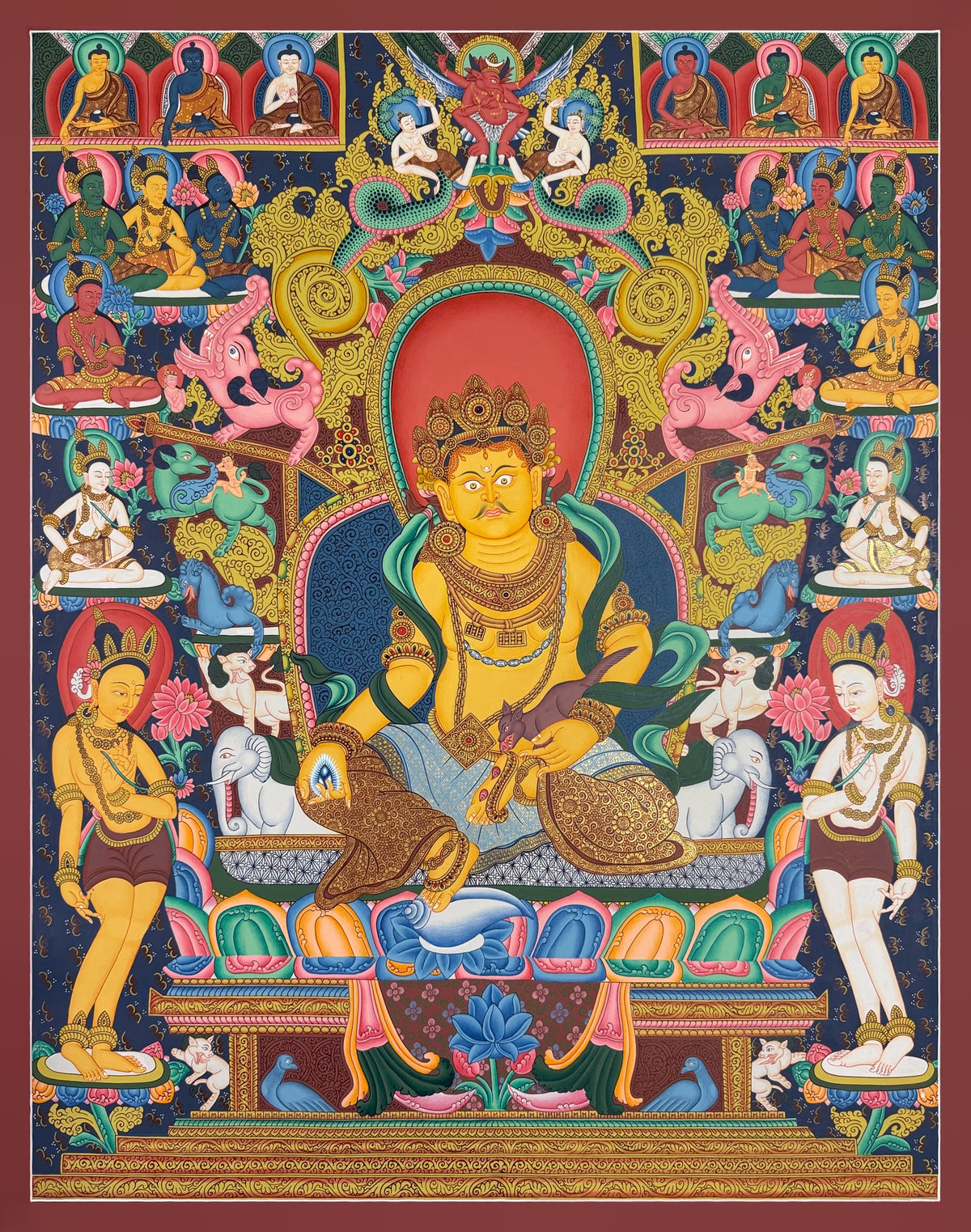 Yellow Jambhala thangka, 66×83 cm: Yellow Jambhala in the Newar style, with six Buddhas above and rows of crowned figures at the sides