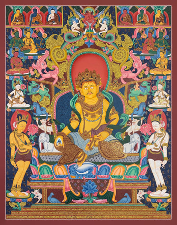 Yellow Jambhala thangka, 66×83 cm: Yellow Jambhala in the Newar style, with six Buddhas above and rows of crowned figures at the sides