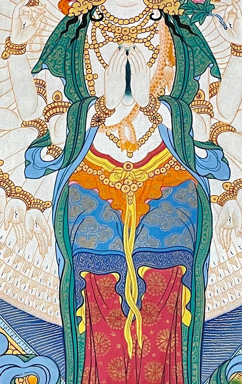 Lokeshwor thangka, 52×75 cm: thousand-armed Lokeshwor on deep blue, surrounded by roundels of Buddhas, teachers and protectors