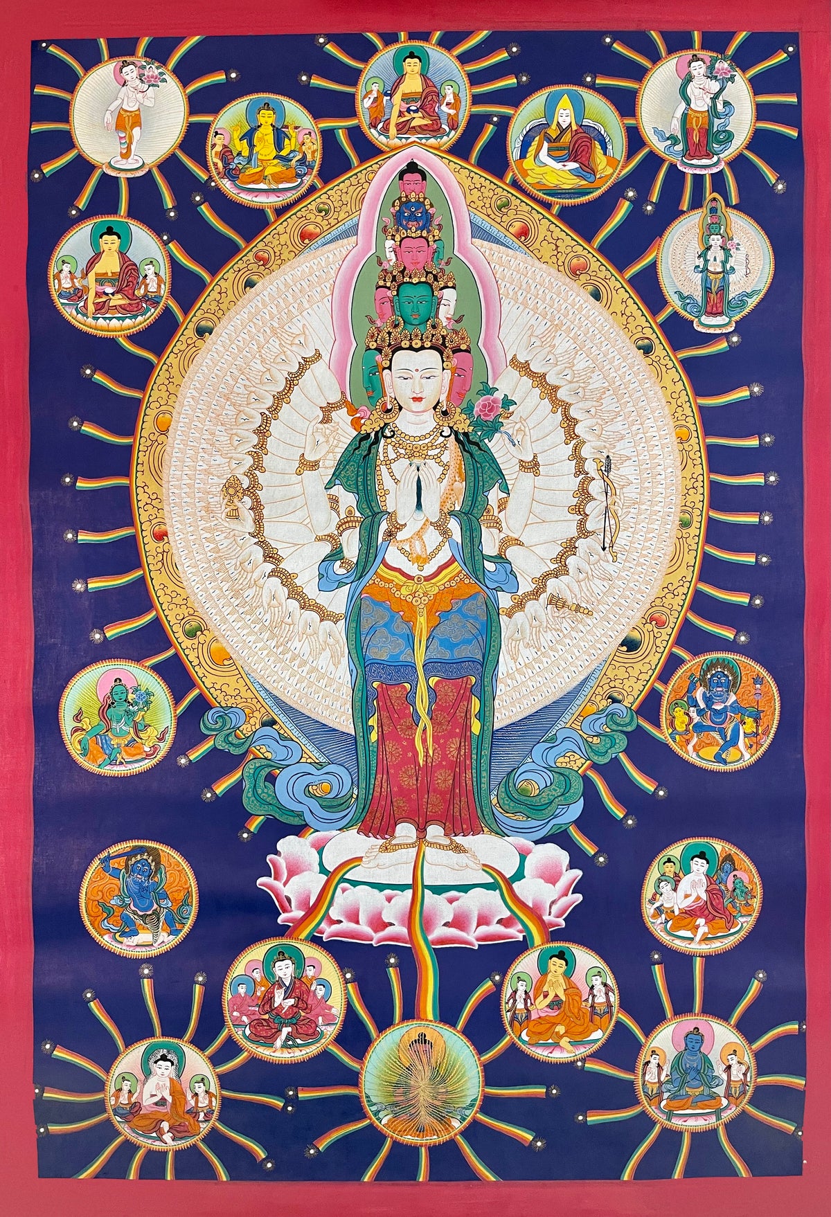 Lokeshwor thangka, 52×75 cm: thousand-armed Lokeshwor on deep blue, surrounded by roundels of Buddhas, teachers and protectors