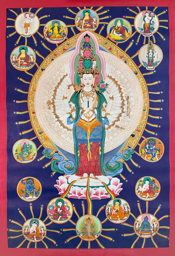 Lokeshwor thangka, 52×75 cm: thousand-armed Lokeshwor on deep blue, surrounded by roundels of Buddhas, teachers and protectors