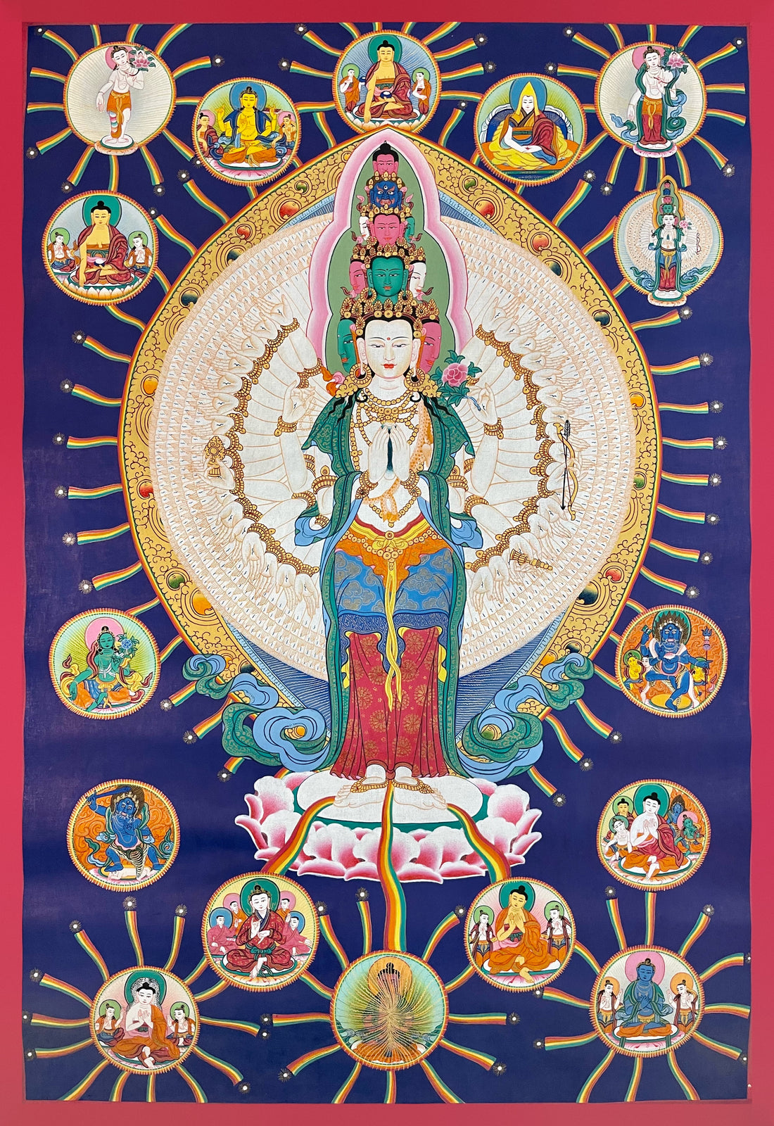 Lokeshwor thangka, 52×75 cm: thousand-armed Lokeshwor on deep blue, surrounded by roundels of Buddhas, teachers and protectors