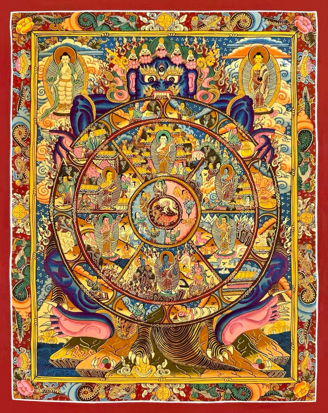 Wheel of Life thangka, 45×56 cm: blue Yama holding the Wheel of Life with a Buddha in each realm, inside a red border of dragons
