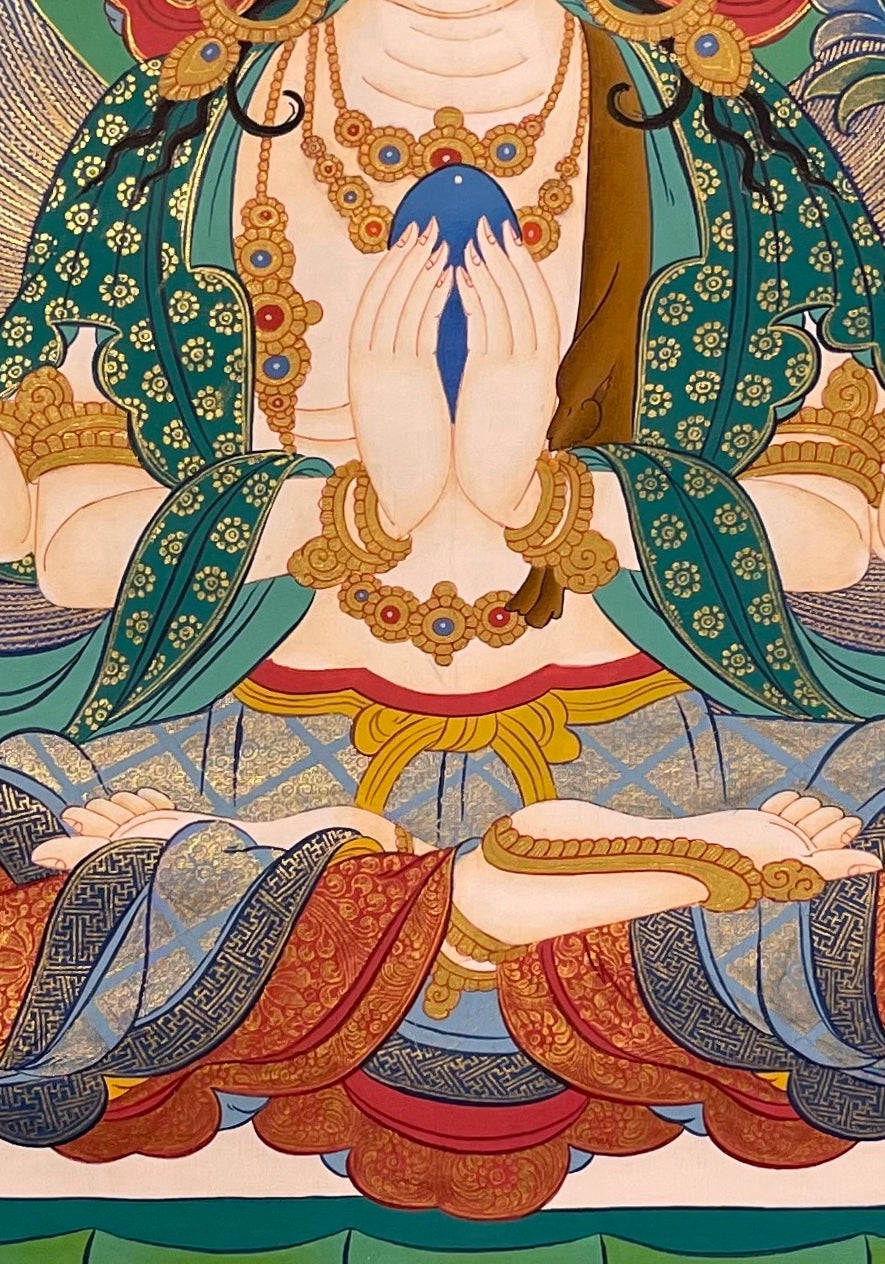 Chenrezig thangka, 51×69 cm: four-armed Chenrezig on a vermilion ground, with Manjushri and a wrathful protector below