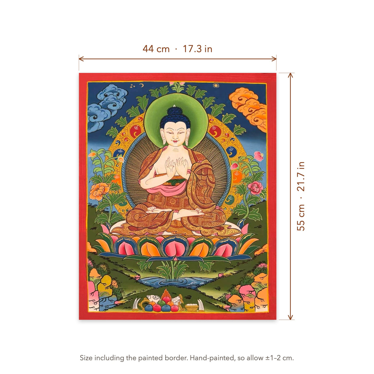 Size diagram: 44 × 55 cm (17.3 × 21.7 in), including the painted border