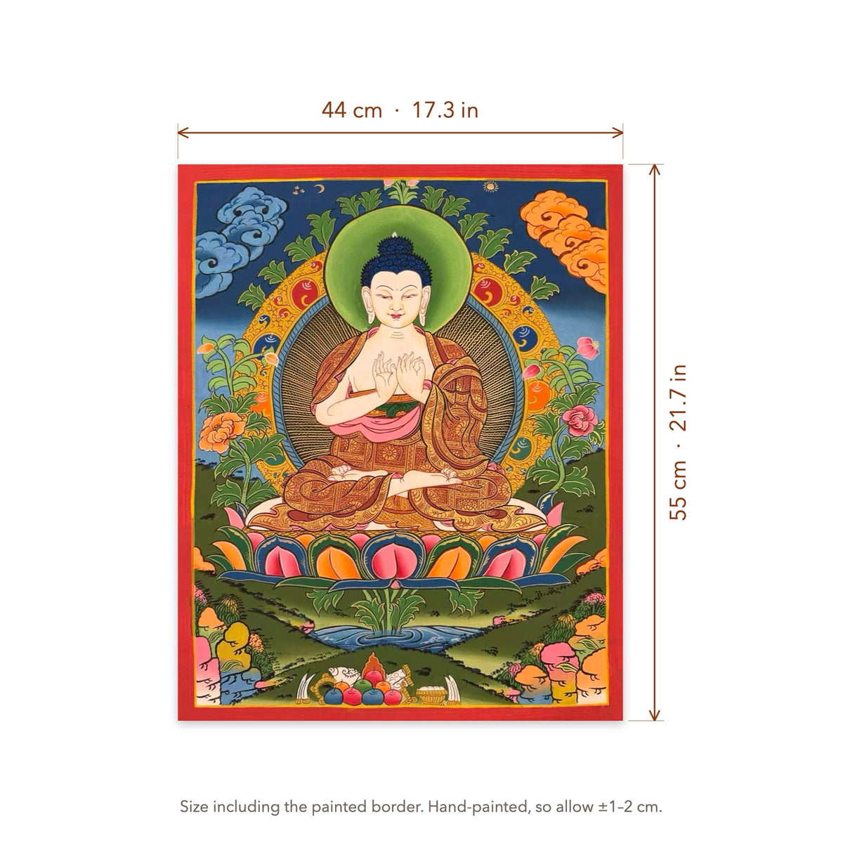 Size diagram: 44 × 55 cm (17.3 × 21.7 in), including the painted border