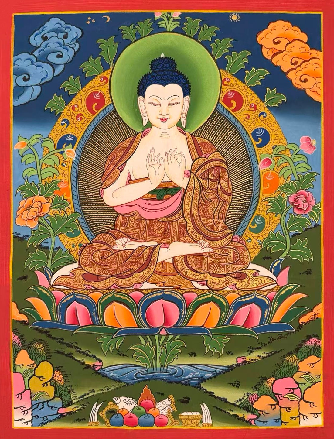 Vairocana thangka, 44×55 cm: Vairocana, the white Buddha, teaching on a lotus among peonies on a deep blue sky