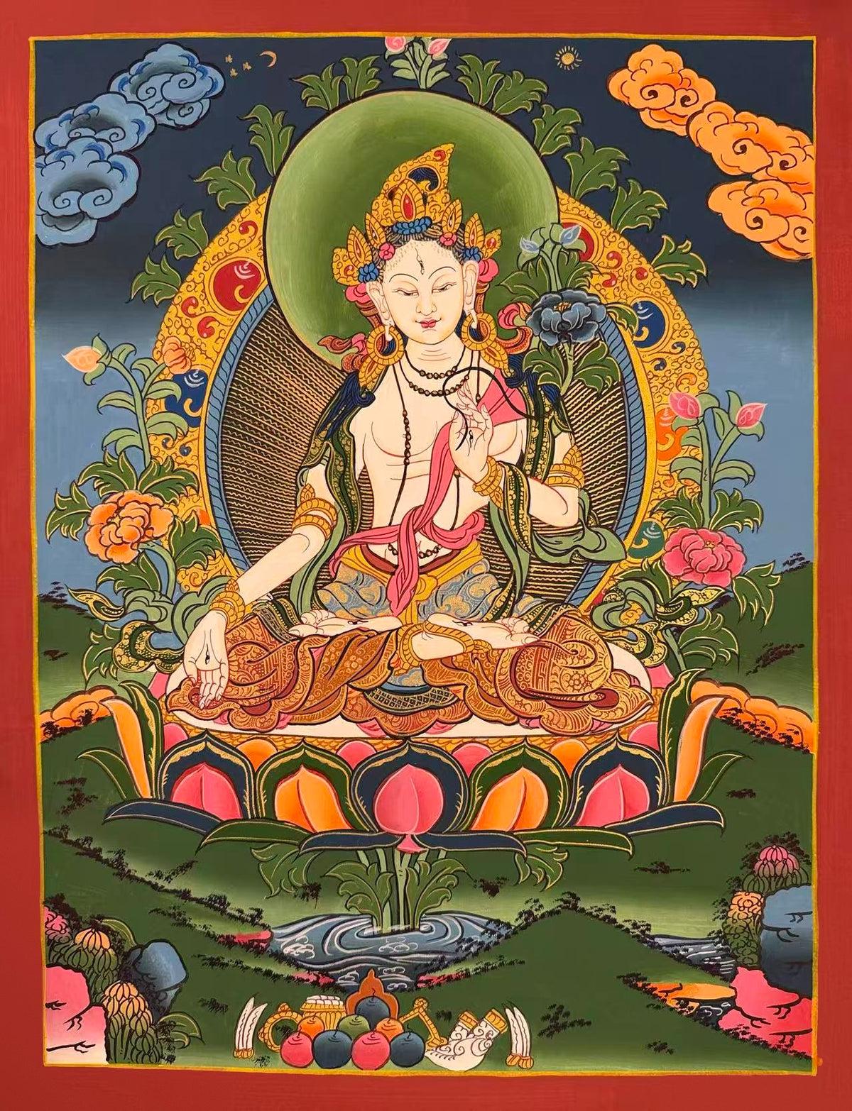White Tara thangka, 44×56 cm: White Tara with a blue lotus, among peonies on a deep blue sky