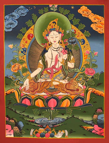 White Tara thangka, 44×56 cm: White Tara with a blue lotus, among peonies on a deep blue sky