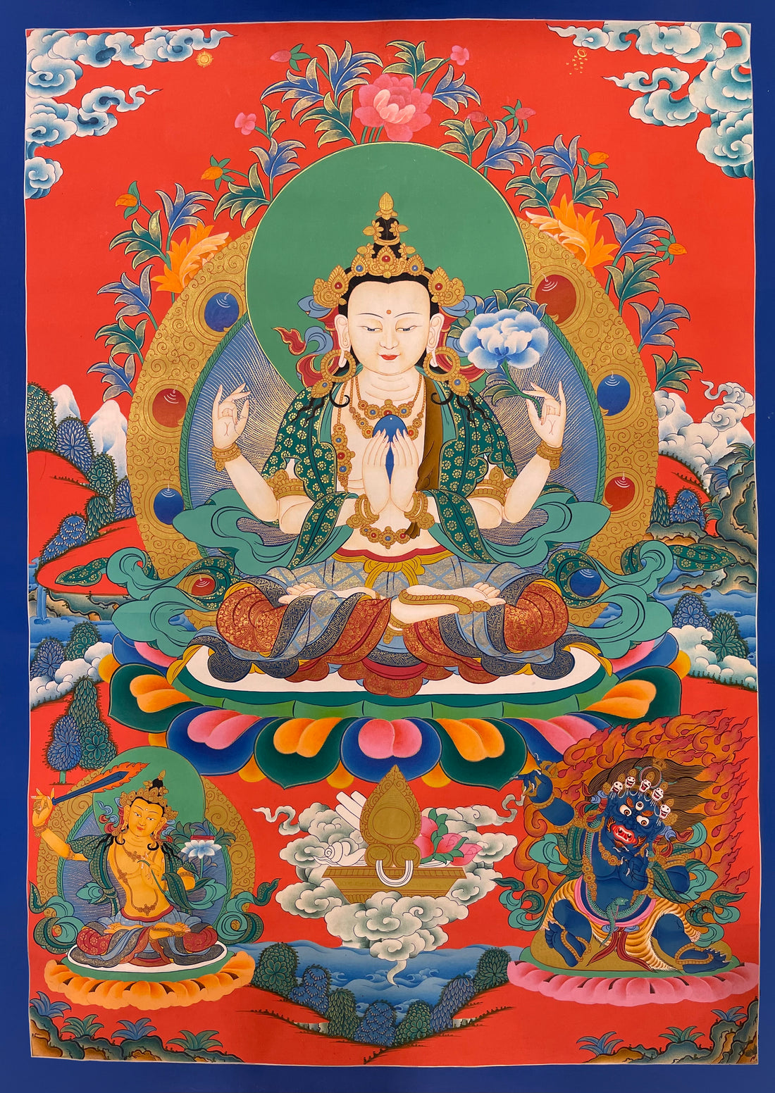 Chenrezig thangka, 51×69 cm: four-armed Chenrezig on a vermilion ground, with Manjushri and a wrathful protector below