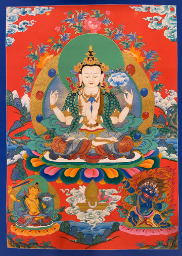 Chenrezig thangka, 51×69 cm: four-armed Chenrezig on a vermilion ground, with Manjushri and a wrathful protector below