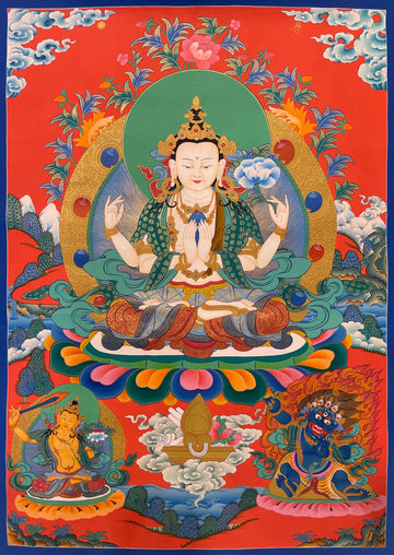 Chenrezig thangka, 51×69 cm: four-armed Chenrezig on a vermilion ground, with Manjushri and a wrathful protector below