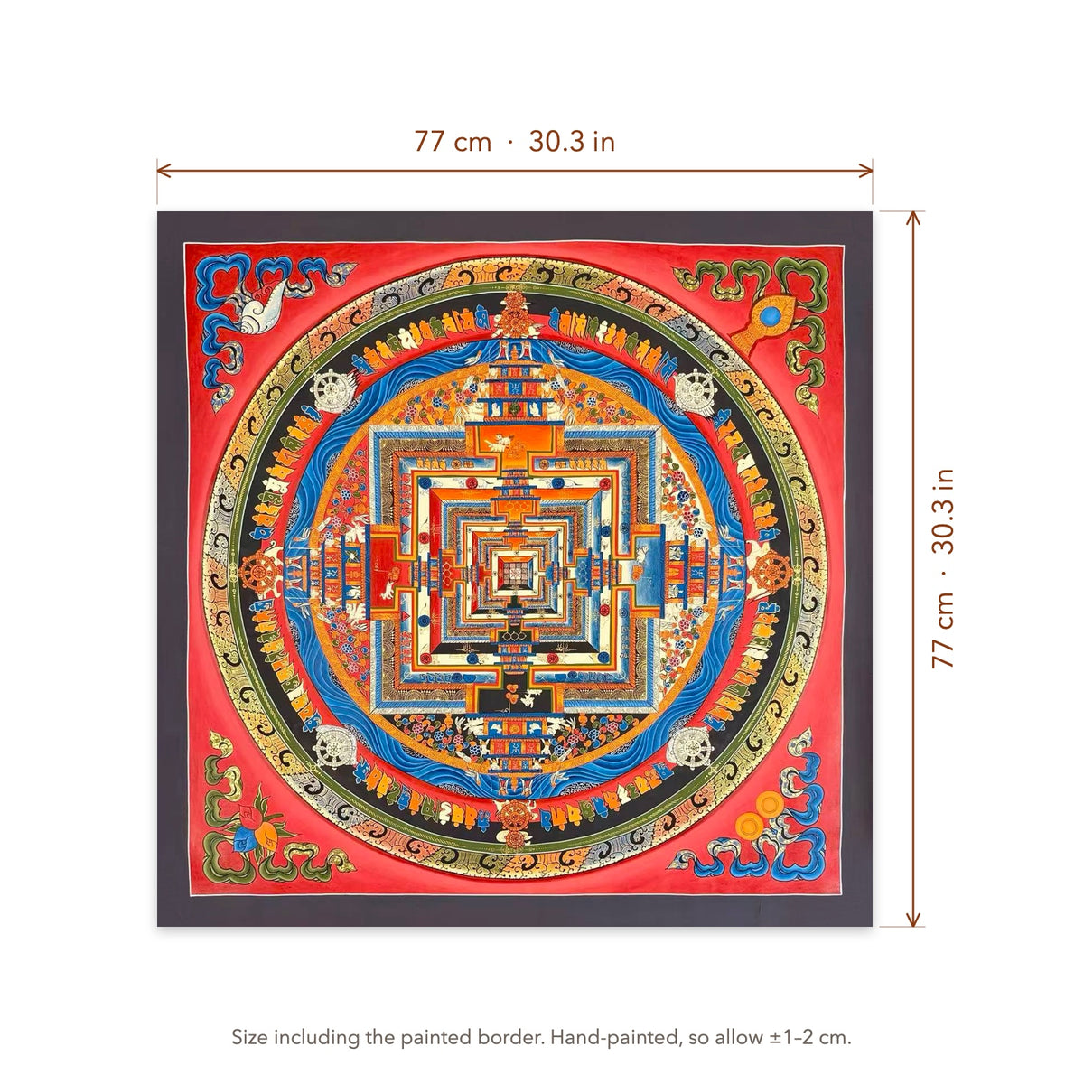 Size diagram: 77 × 77 cm (30.3 × 30.3 in), including the painted border