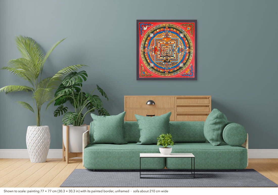 Kalachakra Mandala thangka, 77×77 cm: Kalachakra palace mandala with rings of mantra syllables and dharma wheels on a vermilion ground