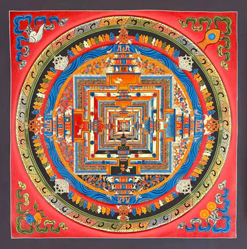 Kalachakra Mandala thangka, 77×77 cm: Kalachakra palace mandala with rings of mantra syllables and dharma wheels on a vermilion ground