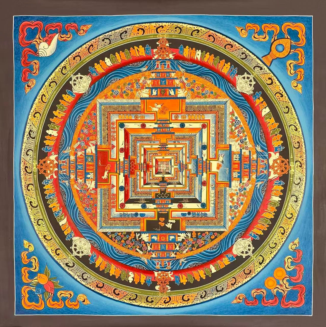 Kalachakra Mandala thangka, 77×77 cm: Kalachakra palace mandala with rings of mantra syllables and dharma wheels on a sky-blue ground
