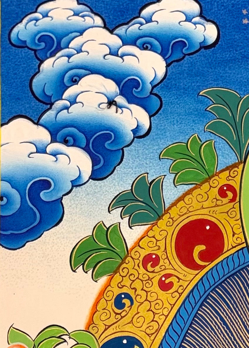 Shakyamuni Buddha thangka, detail: top-left corner