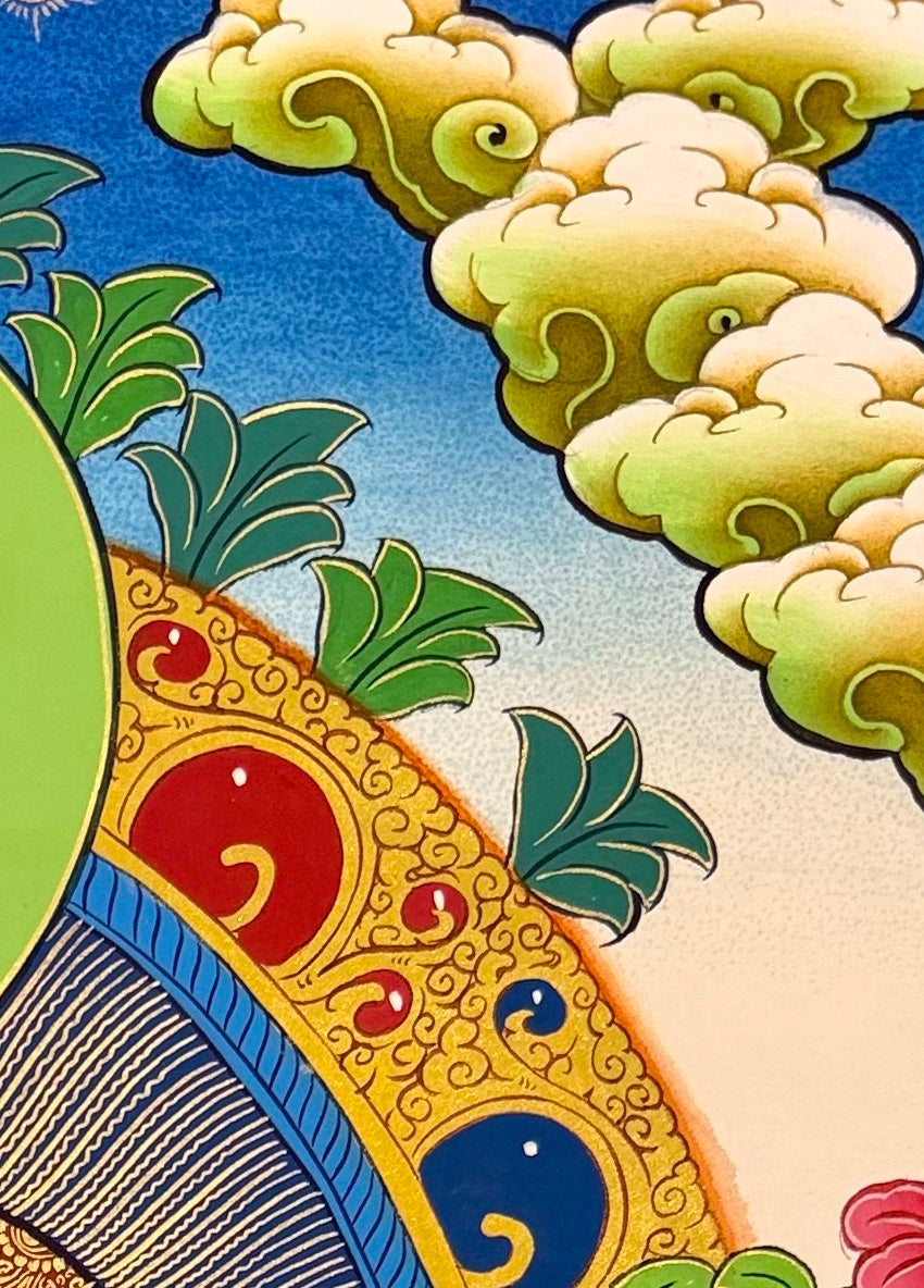 Shakyamuni Buddha thangka, detail: top-right corner