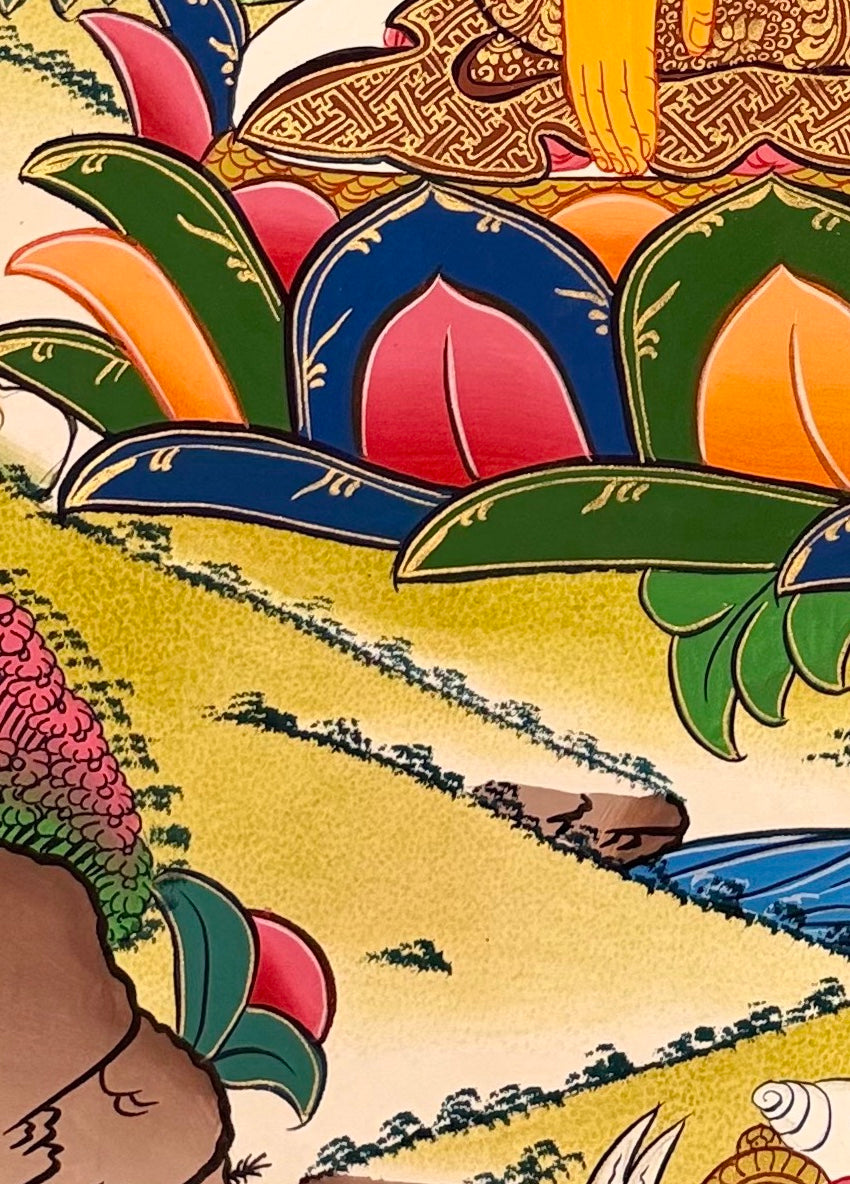 Shakyamuni Buddha thangka, detail: bottom-left corner