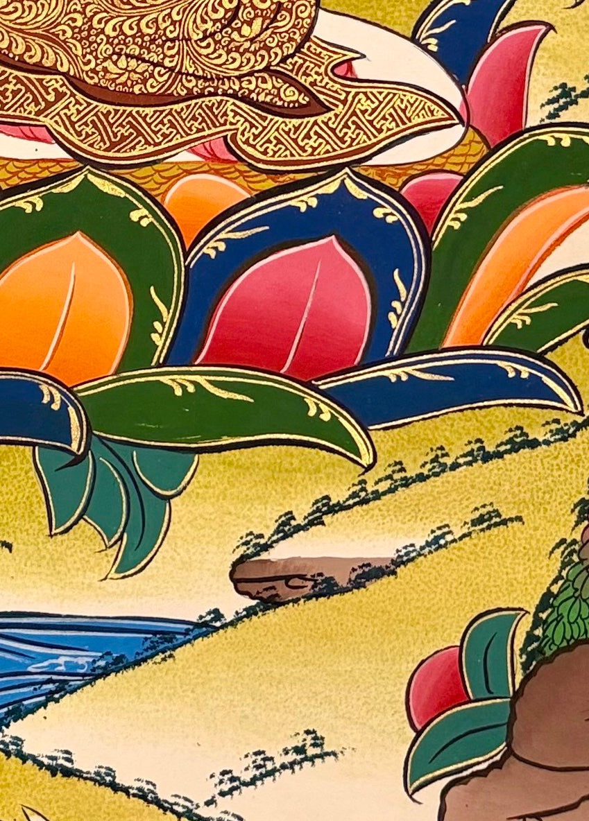 Shakyamuni Buddha thangka, detail: bottom-right corner