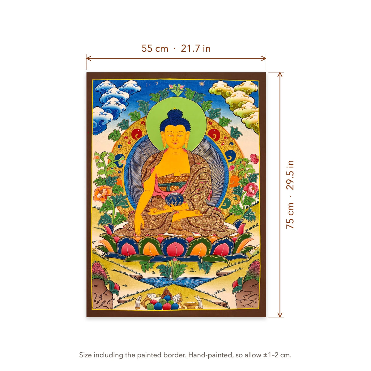 Size diagram: 55 × 75 cm (21.7 × 29.5 in), including the painted border