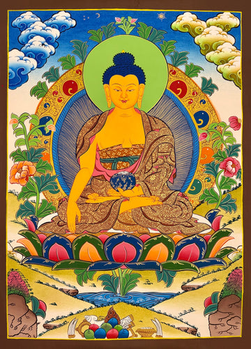 Shakyamuni Buddha thangka, 55×75 cm: Shakyamuni touching the earth on a large lotus among peonies