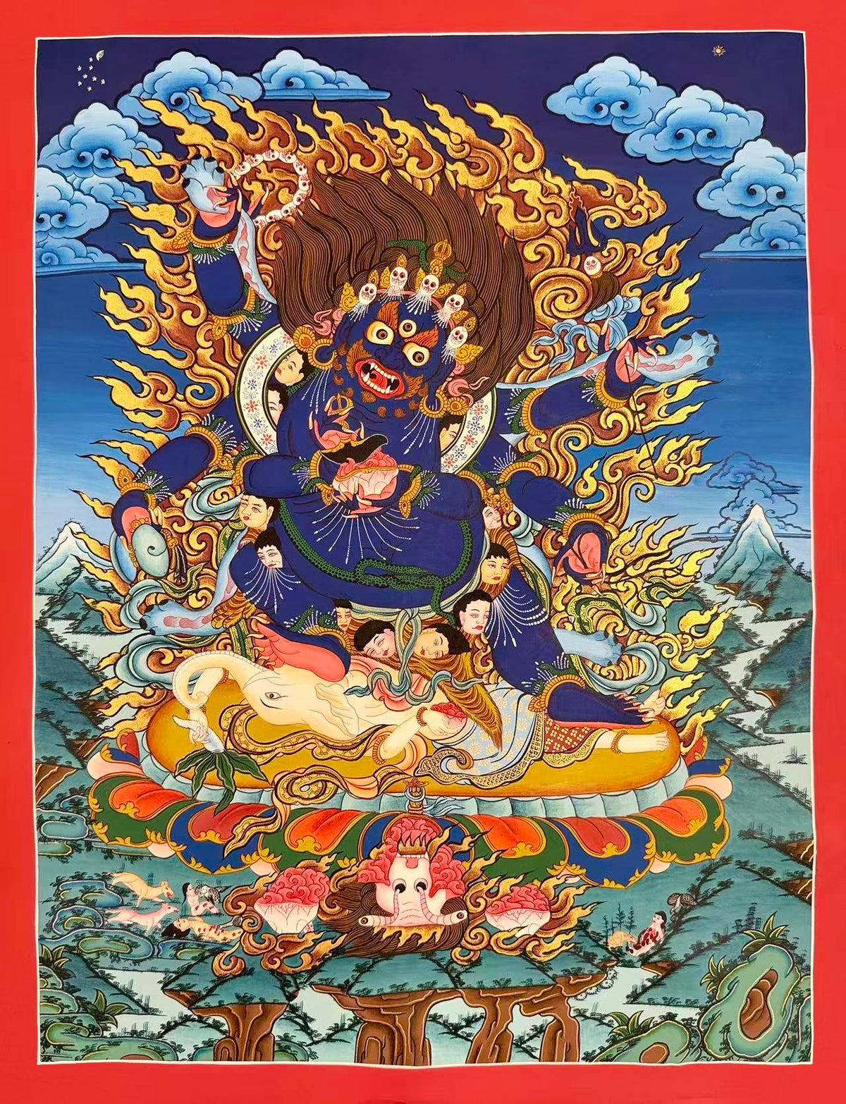 Six-armed Mahakala thangka, 52×66 cm: dark blue six-armed Mahakala standing on an elephant-headed figure amid golden flames