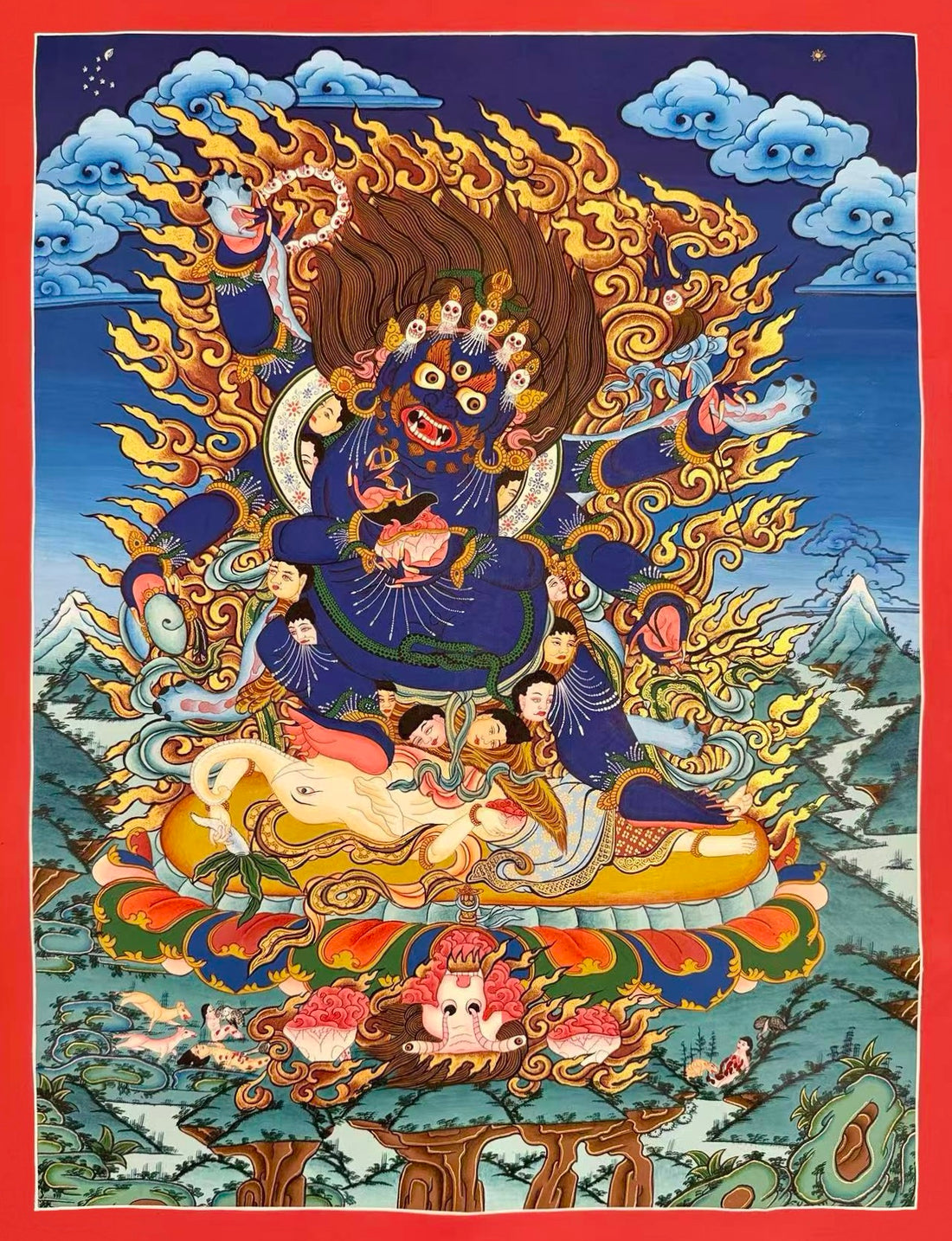 Six-armed Mahakala thangka, 52×66 cm: dark blue six-armed Mahakala standing on an elephant-headed figure amid golden flames