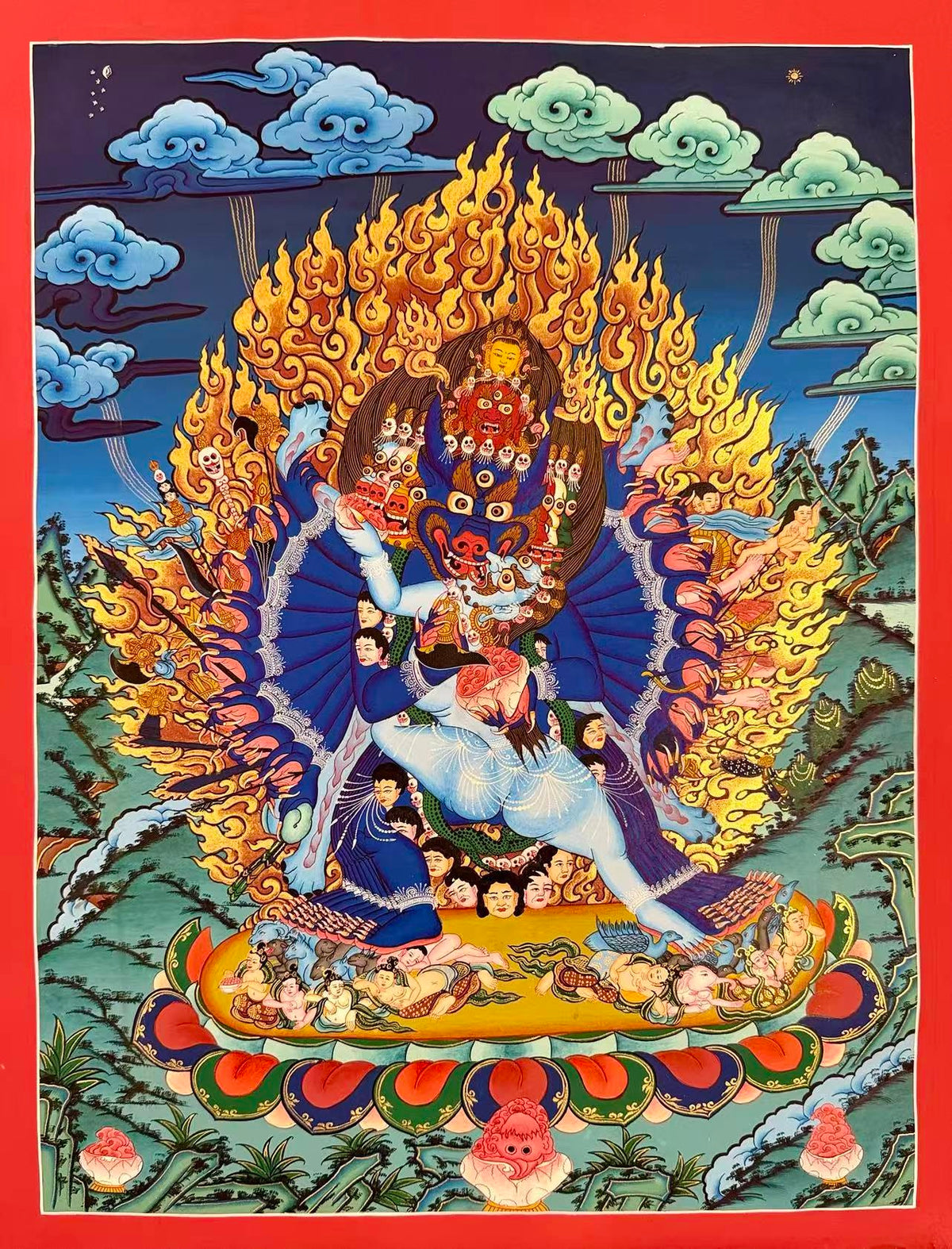Yamantaka with Consort thangka, 52×66 cm: buffalo-headed Yamantaka in union with his consort amid golden flames