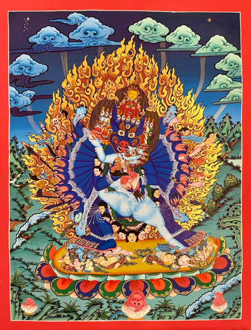 Yamantaka with Consort thangka, 52×66 cm: buffalo-headed Yamantaka in union with his consort amid golden flames