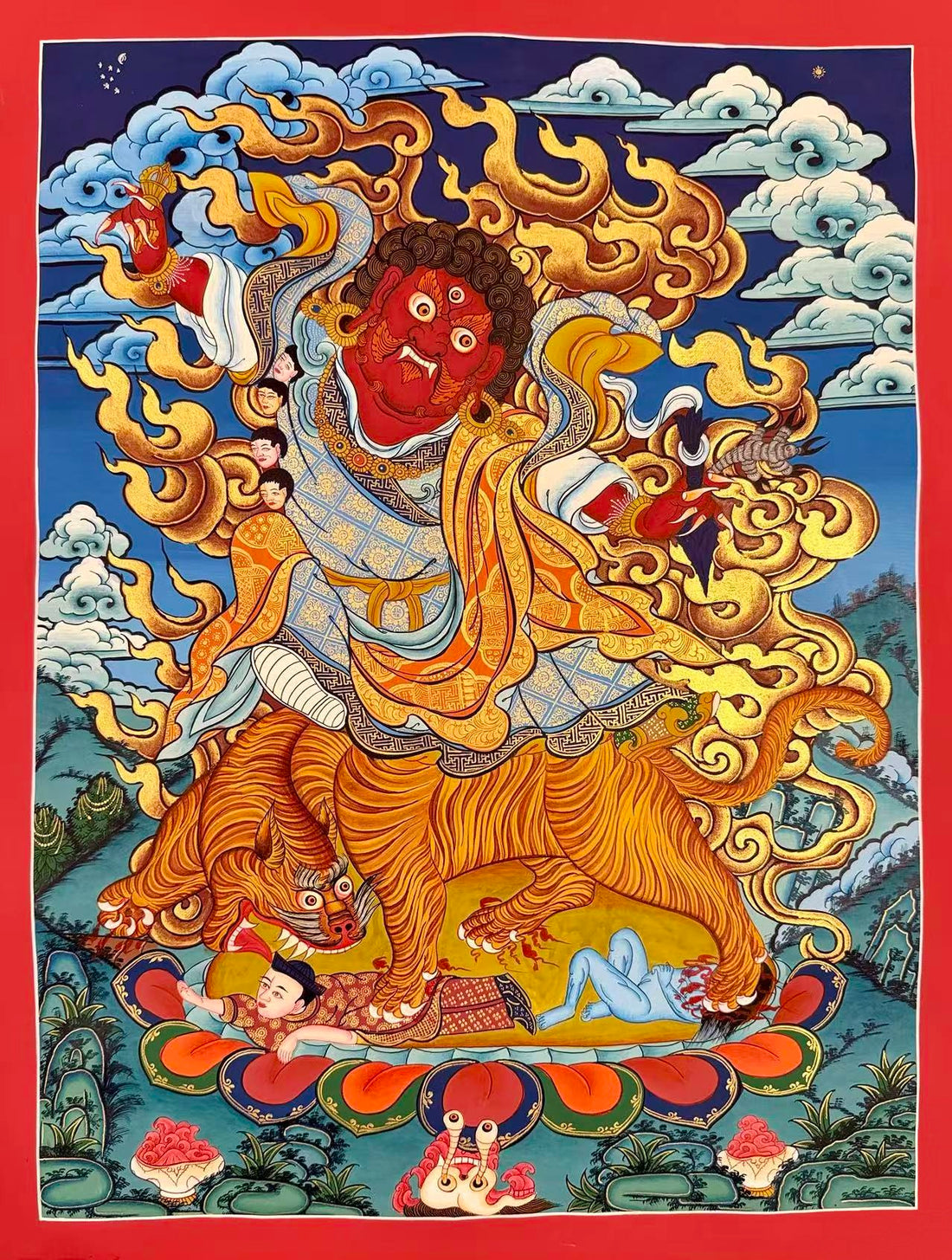 Dorje Drolo thangka, 52×66 cm: red Dorje Drolo riding a tigress amid golden flames