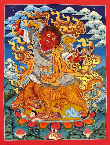 Dorje Drolo thangka, 52×66 cm: red Dorje Drolo riding a tigress amid golden flames